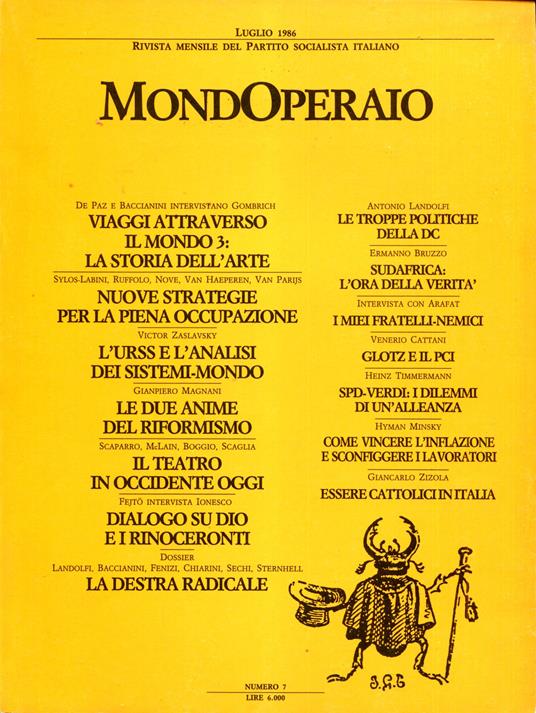 Mondoperaio. Rivista mensile del Partito Socialista Italiano, n. 7, anno 1986 luglio - copertina