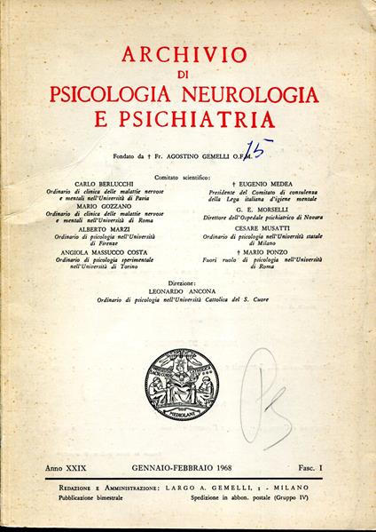 Archivio Di Psicologia Neurologia e Psichiatria Anno XXIX, Fasc. I-IV. Gennaio-agosto 1968 - copertina