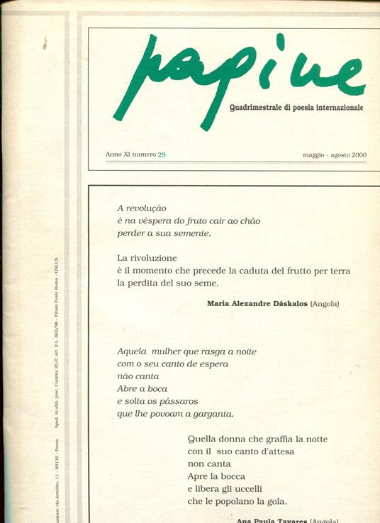 Pagine. Quadrimestraledi poesia internazione. Anno XI n. 29. Maggio agosto 2000 - copertina