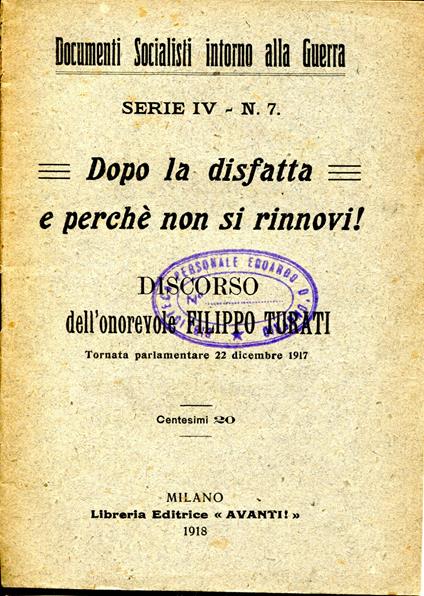 Dopo la disfatta e perché non si rinnovi!. Documenti socialisti intorno alla guerra. Serie IV n. 7 - copertina