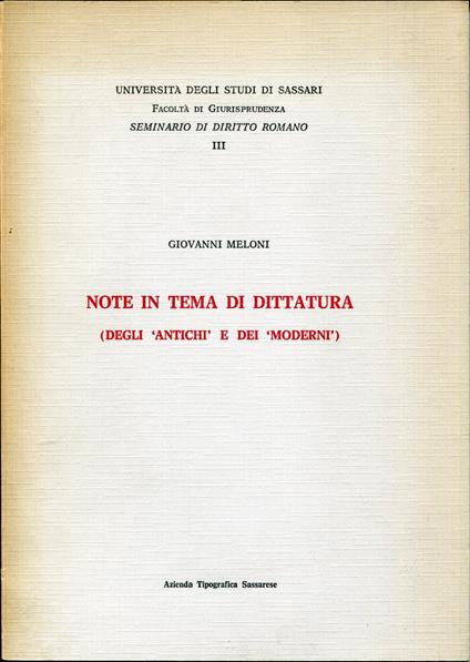Note in tema di dittatura : degli antichi e dei moderni - copertina