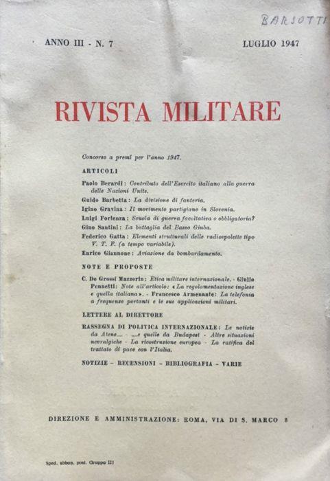 Rivista Militare Anno III n. 7 Luglio 1947 - copertina
