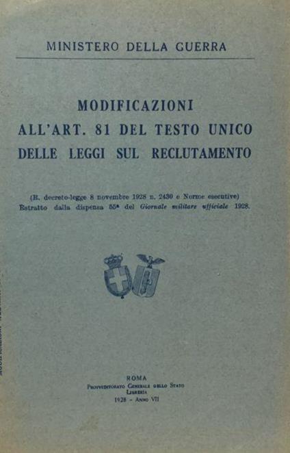Modificazioni dell'art. 81 del Testo Unico delle leggi sul reclutamento 1928 - copertina
