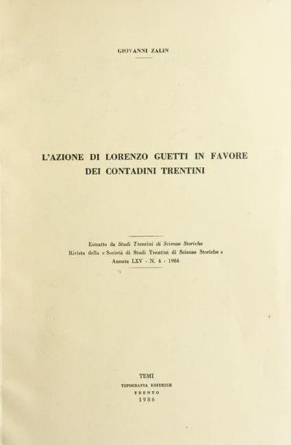 L' azione di Lorenzo Guetti in favore dei contadini trentini - Giovanni Zalin - copertina
