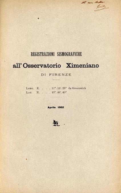 registrazioni sismografiche all'osservatorio Ximeniano di Firenze 1902 - copertina