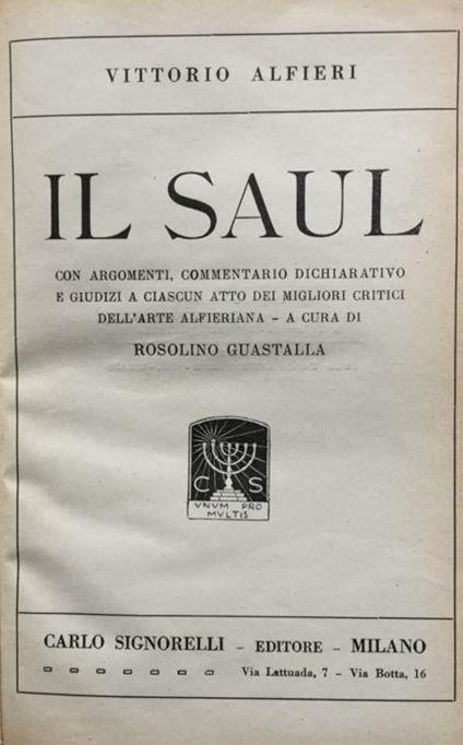 Il Saul - Vittorio Alfieri - copertina
