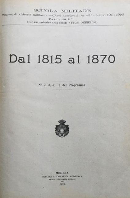Dal 1815 al 1870. Sinossi di storia militare - copertina