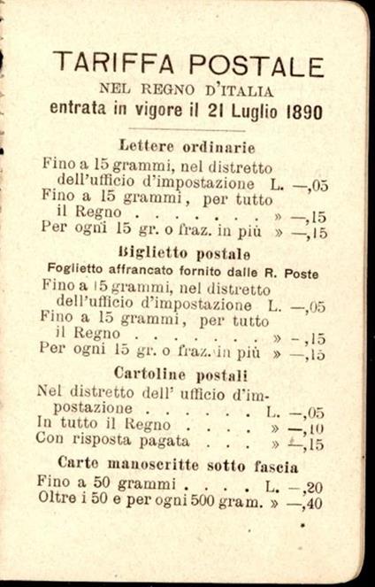 Tariffa Postale nel Regno d'Italia entrata in vigore il 21 luglio 1890 - copertina