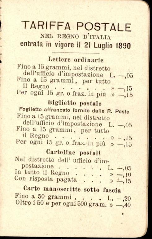 Tariffa Postale nel Regno d'Italia entrata in vigore il 21 luglio 1890 - copertina