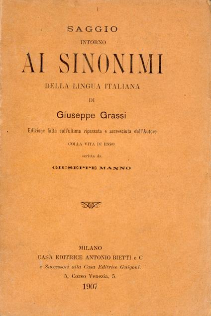 Saggio intorno ai sinonimi della lingua italiana - Giuseppe Grassi - copertina