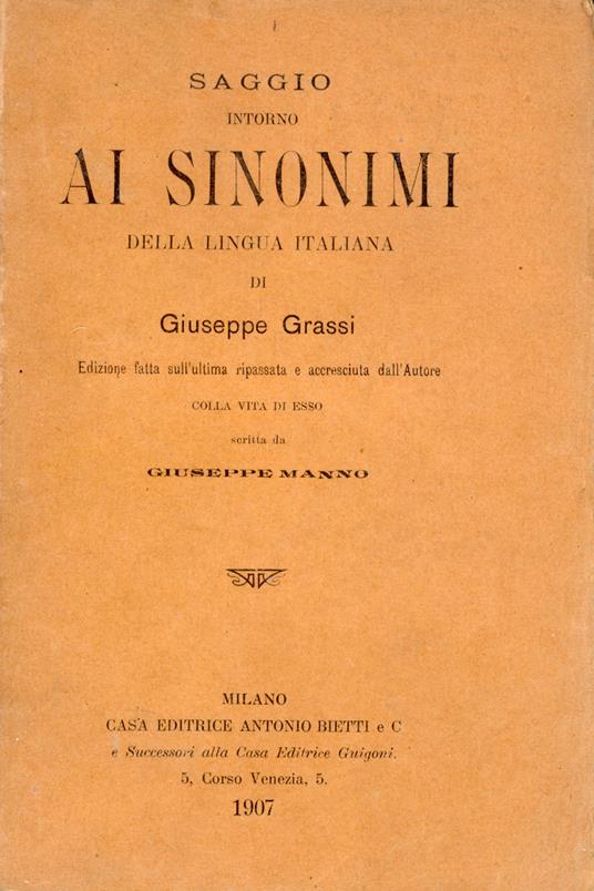 Saggio intorno ai sinonimi della lingua italiana - Giuseppe Grassi - copertina