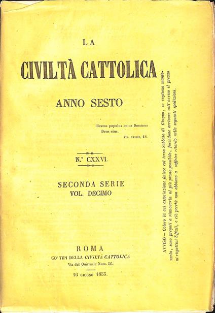La Civiltà Cattolica 16 giugno 1855 - Autori Vari - copertina