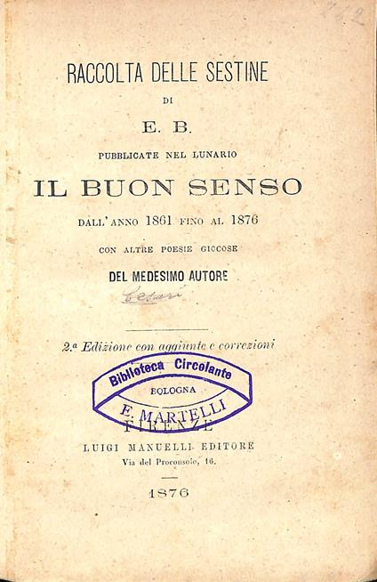 Raccolta delle sestine pubblicate nel lunario Il buon senso dall'anno 1861 fino al 1876 - copertina