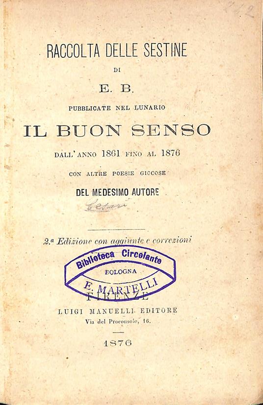 Raccolta delle sestine pubblicate nel lunario Il buon senso dall'anno 1861 fino al 1876 - copertina