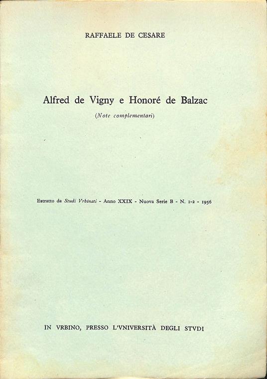 Alfred De Vigny e Honore de Balzac (note complementari) - Raffaele De Cesare - copertina