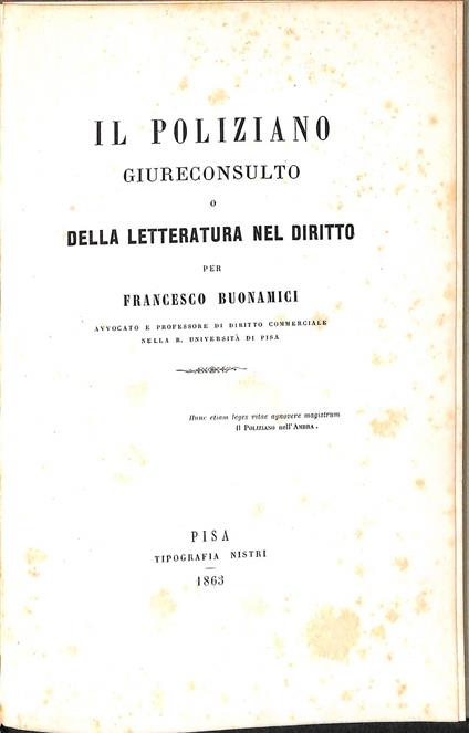 Il Poliziano giureconsulto, o Della letteratura nel diritto - Francesco Buonamici - copertina