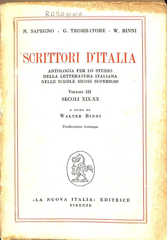 Scrittori d'Italia volume III : secoli XIX-XX - Natalino Sapegno - copertina