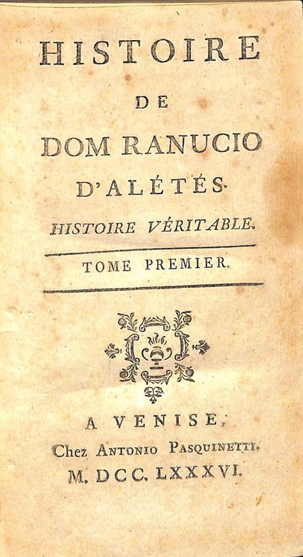 Histoire de dom Ranucio d'Atlétés. Histoire véritable. Due tomi - copertina