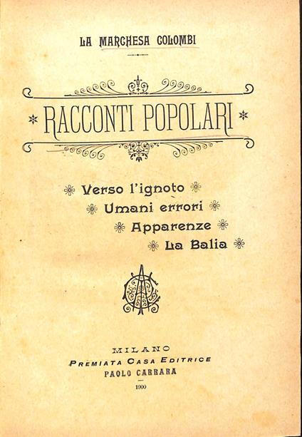 Racconti popolari: verso l'ignoto, umani errori, Apparenze, La belia - Marchesa Colombi - copertina