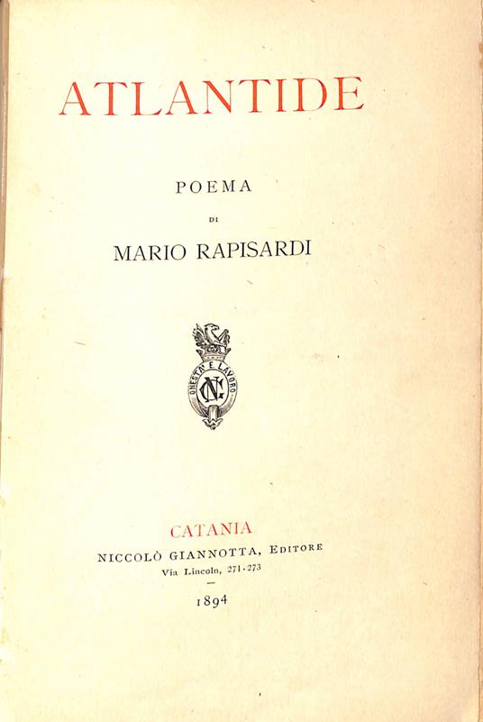 Atlantide : poema - Mario Rapisardi - copertina