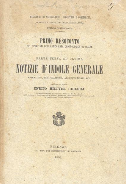 Primo resoconto dei risultati della inchiesta ornitologica in Italiaa - copertina