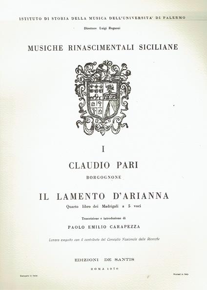 Il Lamento di Arianna. Quarto libro dei madrigali a cinque voci di Claudio Pari borgognone - copertina