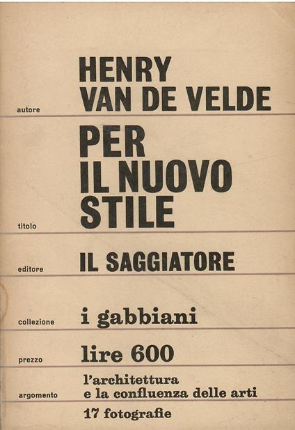 Per il nuovo stile - Henry Van de Velde - copertina
