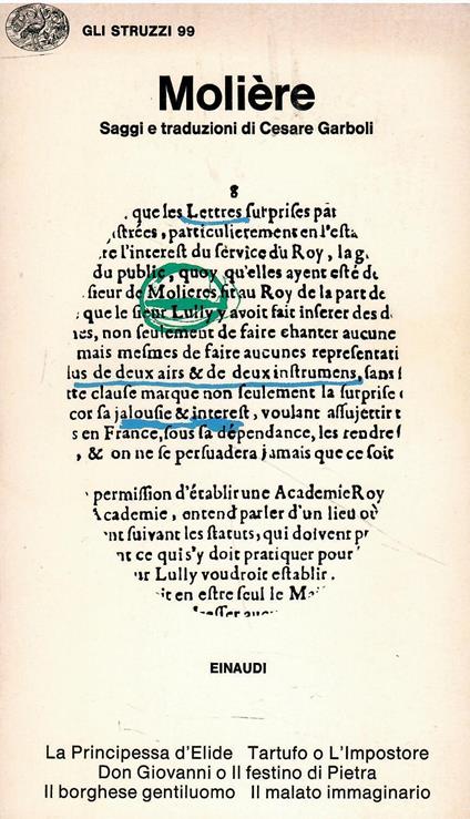 Saggi e traduzioni di Cesare Garboli La principessa d'Elide - Tartufo o l'impostore - Don Giovanni o il festino di pietra - Il borghese gentiluomo - Il malato immaginario - Molière - copertina