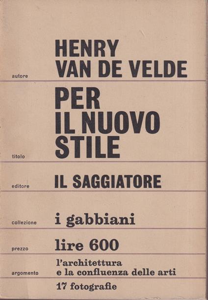 Per il nuovo stile - Henry Van De Velde - copertina
