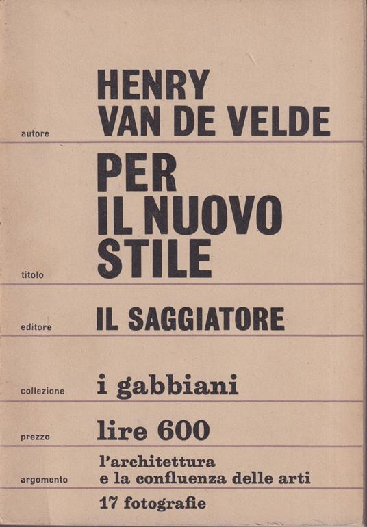 Per il nuovo stile - Henry Van De Velde - copertina