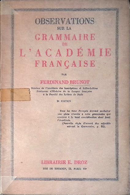 Observations sur la grammaire de l'Academie Francaise - Ferdinand Brunot - copertina