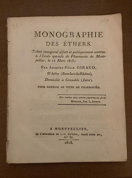 Monographie des éthers : tribut inaugural offert et publiquement soutenu à l'èecole de Pharmacie de Montellier, le 16 1818 - copertina