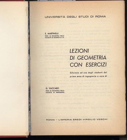 LEZIONI DI GEOMETRIA CON ESERCIZI-Edizione ad uso degli studenti del primo anno di ingegneria - copertina