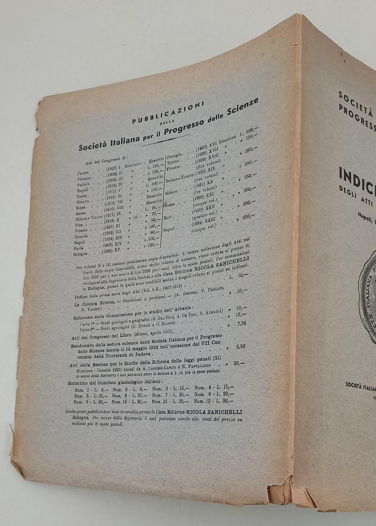 Indice generale degli Atti dell XXIII riunione- vol.V- Napoli, 11-17 ottobre 1934- XII