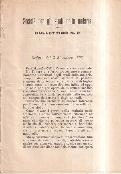 Società per gli studi della malaria. Bullettino n. 2 - Angelo Celli - copertina