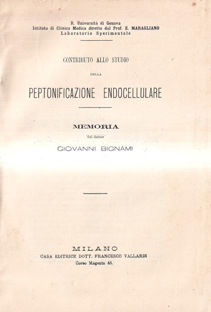 Contributo allo studio della peptonificazione endocellulare - Giovanni Bignami - copertina