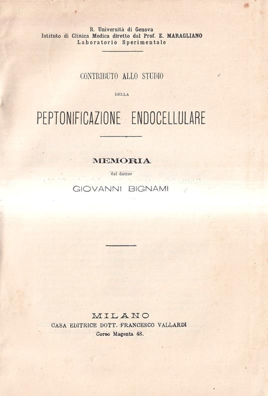 Contributo allo studio della peptonificazione endocellulare - Giovanni Bignami - copertina