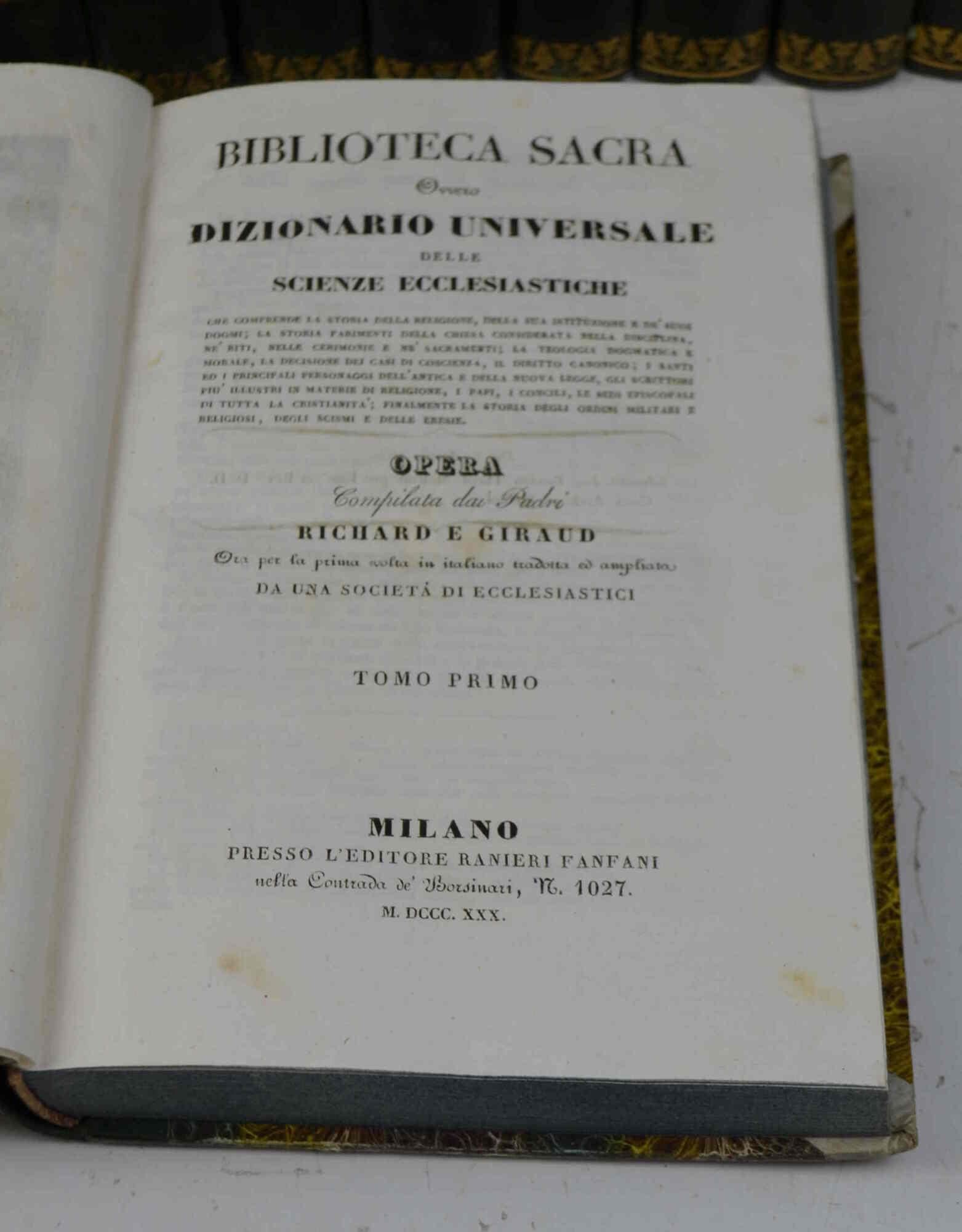 Biblioteca sacra ovvero dizionario universale delle scienze ecclesiastiche... Per la prima volta in italiano tradotta ed ampliata da una società di ecclesistici