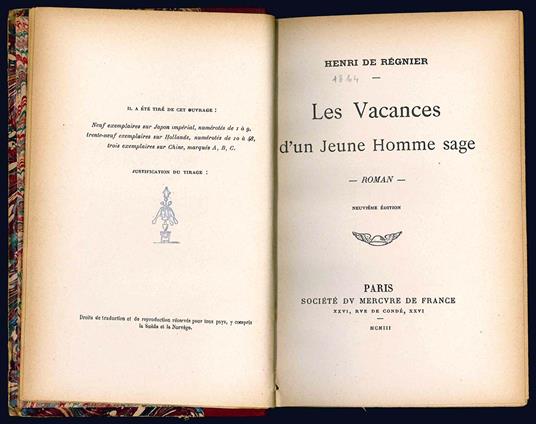 Les vacances d'un Jeune Homme sage. Roman. Neuvième édition - Henri de Regnier - copertina