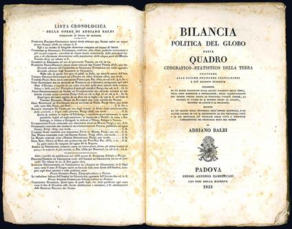 Bilancia politica del globo ossia quadro geografico-statistico della terra conforme alle ultime politiche transazioni e più recenti scoperte - Adriano Balbi - copertina