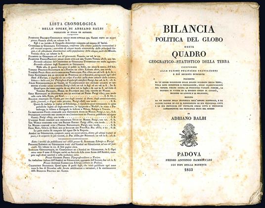 Bilancia politica del globo ossia quadro geografico-statistico della terra conforme alle ultime politiche transazioni e più recenti scoperte - Adriano Balbi - copertina