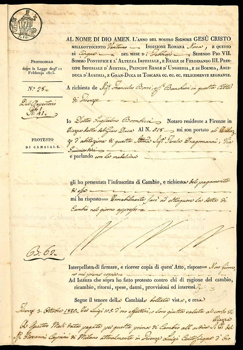 Collezione formata da 10 note di credito ipotecario e cambiali, tutte di area toscana e datate tra il 1805 e il 1821