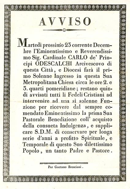 Avviso ai fedeli: martedì 23 Dicembre (1823) il Card. Carlo dei Principi Odescalchi farà il primo solenne ingresso nella sua Chiesa Metropolitana alle ore 2:45 come Vescovo di Ferrara - Ferrara - copertina