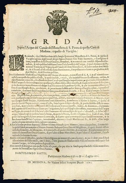 Grida Sopra l'Acque del Canale del Monastero di S. Pietro di questa Città di Modona, e quello di Vaciglio - Ducato Di Modena-Acque - copertina