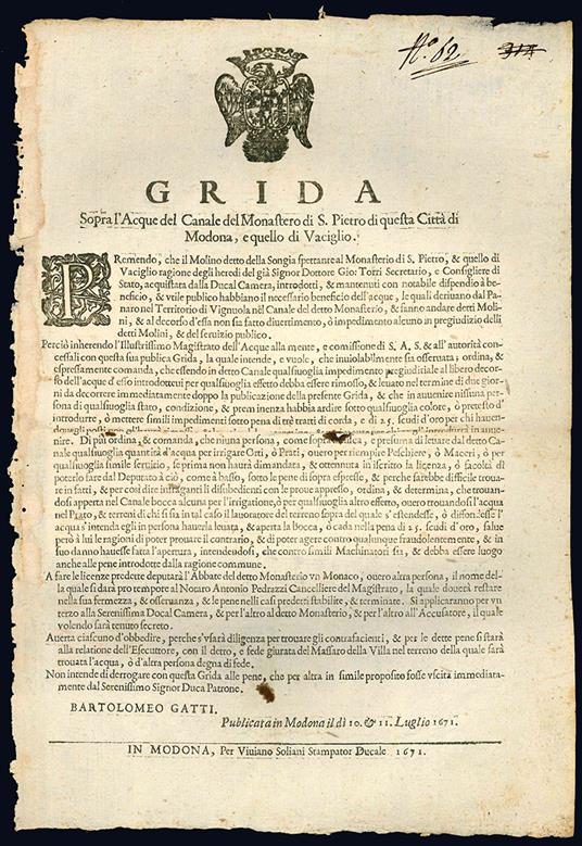 Grida Sopra l'Acque del Canale del Monastero di S. Pietro di questa Città di Modona, e quello di Vaciglio - Ducato Di Modena-Acque - copertina