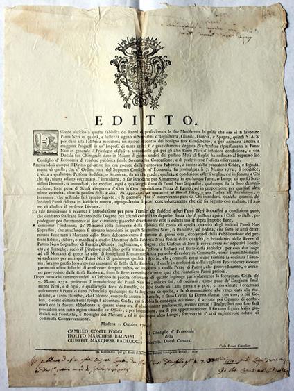 Editto datato 1° ottobre 1774, col quale si vietava l'introduzione di "Panni Neri" all'interno dei territori del Ducato di Modena e si accordava il privilegio esclusivo del loro commercio alla locale Fabbrica de' Panni - Ducato Di Modena-Consiglio D'Economia Della Serenis. Ducal Camera - copertina