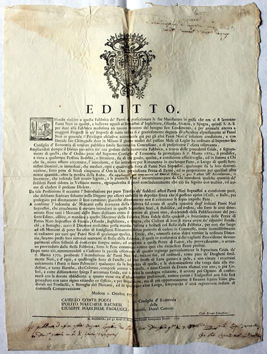 Editto datato 1° ottobre 1774, col quale si vietava l'introduzione di "Panni Neri" all'interno dei territori del Ducato di Modena e si accordava il privilegio esclusivo del loro commercio alla locale Fabbrica de' Panni - Ducato Di Modena-Consiglio D'Economia Della Serenis. Ducal Camera - copertina