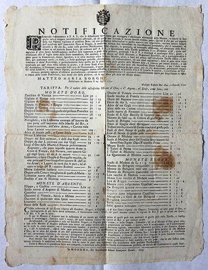 Notificazione datata 24 aprile 1739, con la quale veniva fissato il valore delle monete d'oro, d'argento ed erose - Ducato Di Modena-Economia - copertina