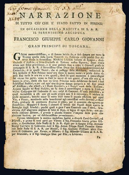 Narrazione di tutto ciò che è stato fatto in Firenze in occasione della nascita di S.A.R. il Serenissimo Arciduca Francesco Giuseppe Carlo Giovanni Gran Principe di Toscana - Firenze-Feste - copertina