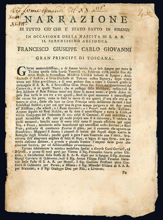 Narrazione di tutto ciò che è stato fatto in Firenze in occasione della nascita di S.A.R. il Serenissimo Arciduca Francesco Giuseppe Carlo Giovanni Gran Principe di Toscana - Firenze-Feste - copertina